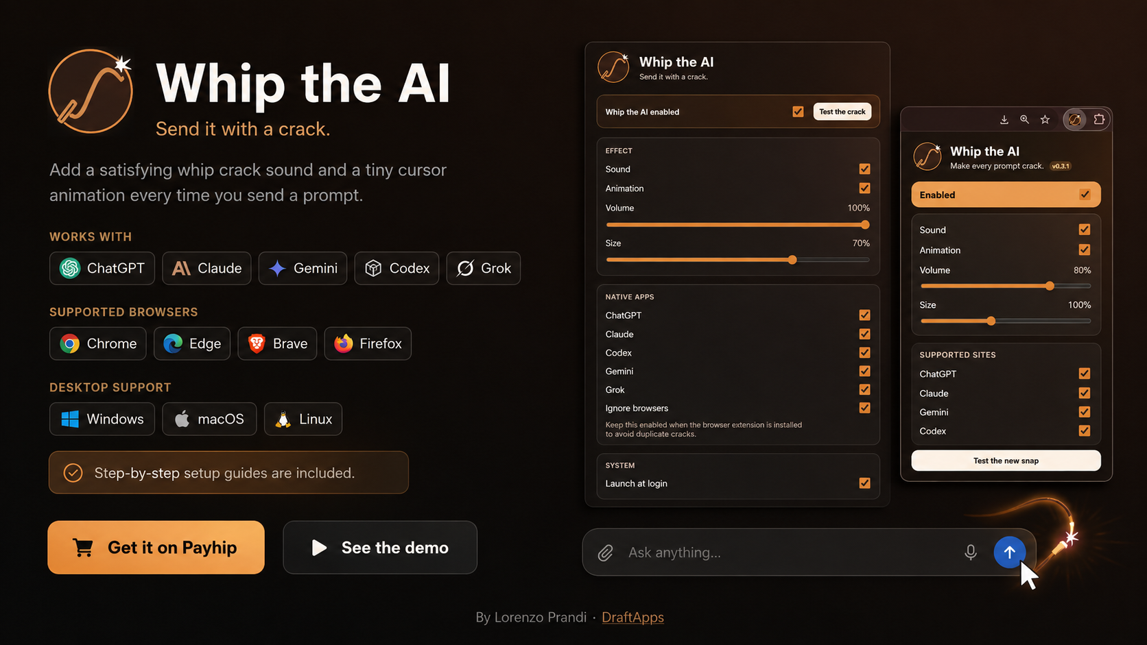 Whip the AI in uso accanto ai controlli dell'estensione browser